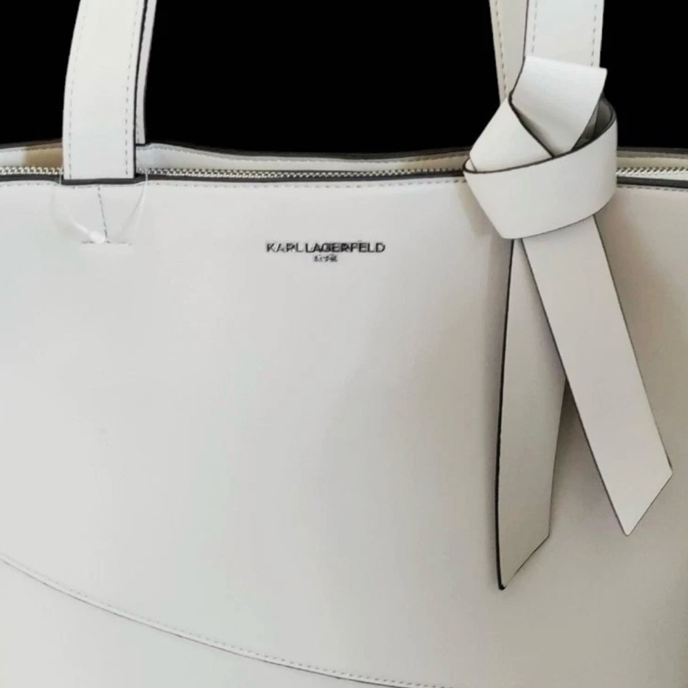 Karl Lagerfeld Paris Tote off white bow double handle faux leather bucket bag - Picture 10 of 10